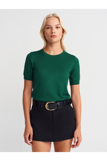 Dilvin 10779 Crew Neck Short Sleeve Basic Knitwear Blouse-K.Zümrüt