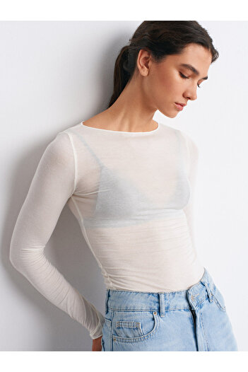 Dilvin 32122 Boat Neck Modal Cashmere Ultra Light Blouse-Ecru