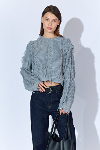 EDITION WOMAN Gray Tassel Detailed Women's Sweater Ek100535255