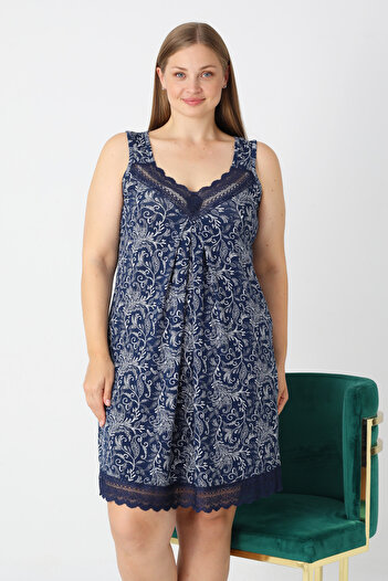 İntensive Plus Size Navy Blue Patterned Strappy Lace V-Neck Lycra Viscose Nightgown