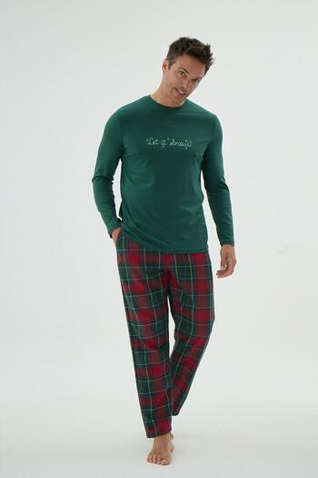 Sevim Men's Long Sleeve Plaid Bottom Dark Green Pajama Set C7T4N69