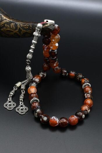 Prestige Natural Veined Agate Stone 33 Prayer Beads with Metal Tassel 10mm Sphere Cut 902252