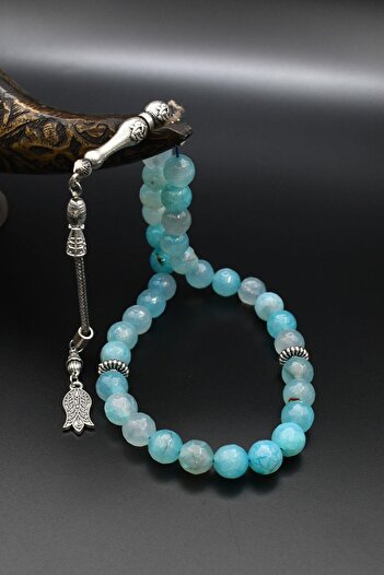Prestige Natural Aqua Marine (Aquamarine) Stone 33-Bead Rosary with Metal Tassel 10mm Sphere Cut 902254