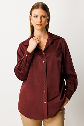 Ekol Women's Plus Size Slim Corduroy Shirt 3545 Burgundy