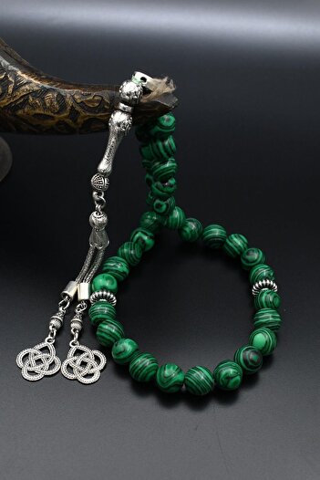 Prestige Natural Malachite Stone 33-Bead Rosary with Metal Tassel 10mm Sphere Cut 902257