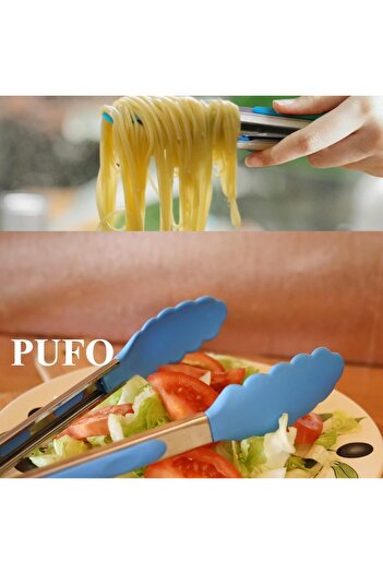 PUFO Metal kitchen tongs for serving, grilling, steak, with steel handle, silicone tip, 30 cm, blue