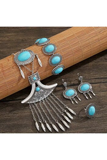 byozanyılmaz Blue and Red Stone Design Necklace Earring Set Set