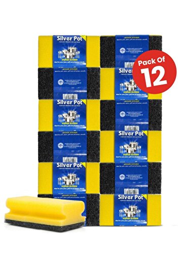 Silver Pot Kitchen Sponge & Scourer – Pack of 12, 13cm Dual-Purpose Cleaning Sponges