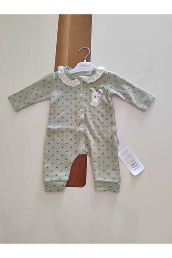 Asel Rabbit Printed Long Sleeve Baby Girl Romper with Bib Front Closure