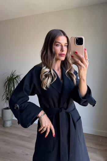 Sue Store Black Lined Belted Sleeve Belted Trench Coat