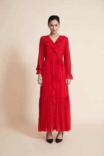 Yola Ruffled Maxi Dress with Long Sleeves and V-Neck