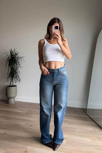 Sue Store Light Blue Wide Leg High Waist Washed Straight Jeans