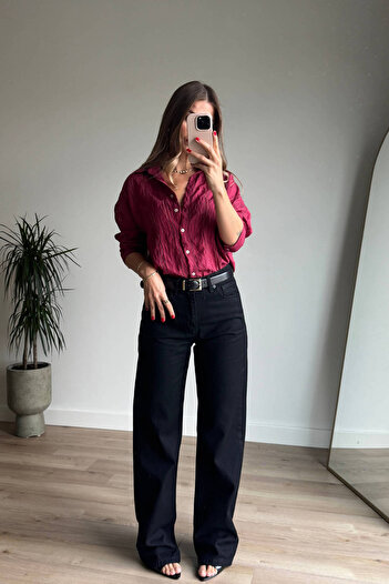 Sue Store Black Wide Leg High Waist Washed Straight Jeans