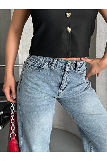 Zerenyus Palazzo Straight Enzim Süper Taş Yıkama Jeans Pantolon Mavi