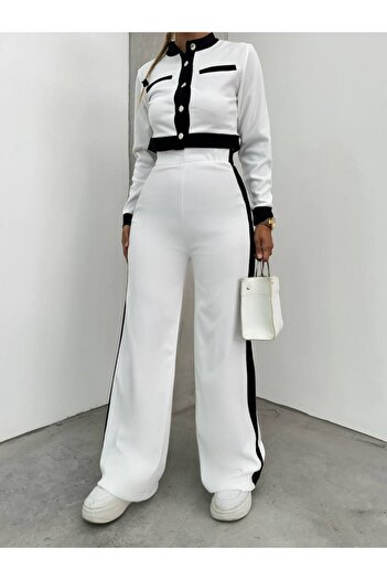 LE CARAMBOLE Women's White Long Sleeve Stripe Detailed Two Piece Set