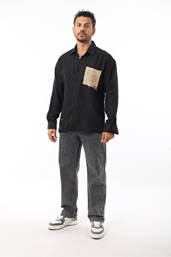 Rodrigo Men's Oversize Straw Pocket Embroidered Black Loose Shirt