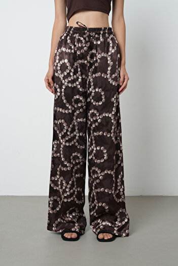 Orfeo Negro Women's Brown Patterned Wide Leg Elastic Waist Lace-Up Trousers