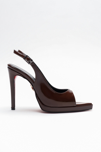 Ayakkabı Ateşi Women's Open Back Pointed Toe Thin Heeled Platform Shoes Hari Brown Patent Leather