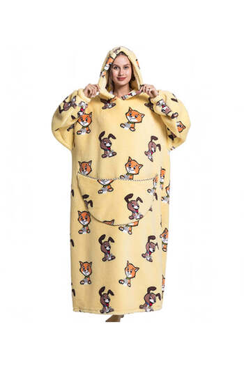 WildFashion Long, fluffy house dress with dog and cat print and attached hood PJM263-9 Universal