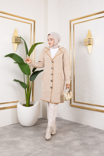 Eliva Women's Beige Cream Buttoned Collared Winter Knitwear Hijab Cardigan