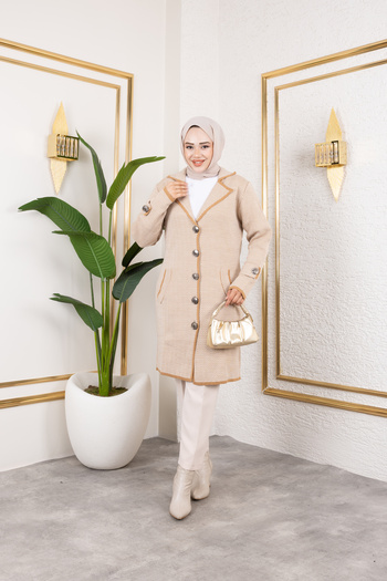 Eliva Women's Beige Cream Buttoned Collared Winter Knitwear Hijab Cardigan