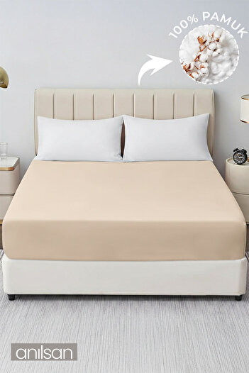 Anılsan Plain Beige Elastic Fitted Sheet 100% Cotton Single/Double Size Home, Hotel Sheet, 63 Thread Count