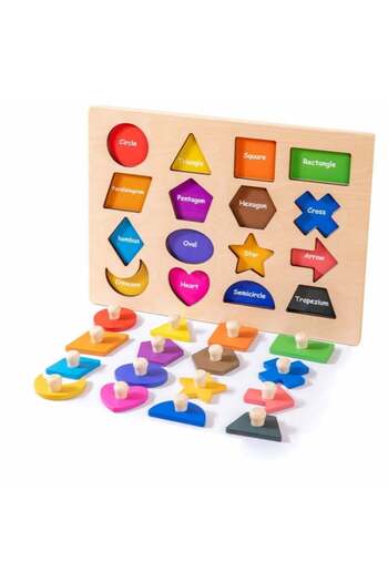 Toyska Montessori Wooden Puzzle with Magnetic Geometric Shapes, 16 Pieces, Multicolor
