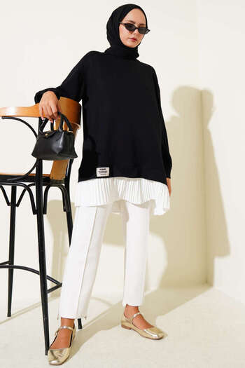 moda paketi Modal Fabric Pleated Detail Tunic Black