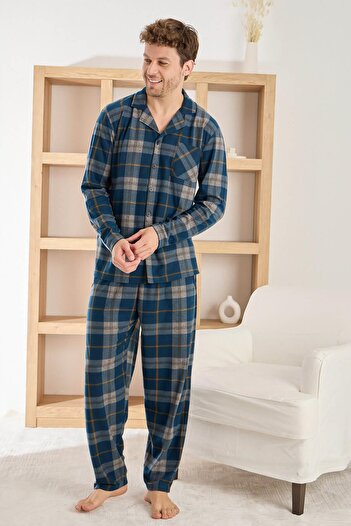 Pijamaevi Light Navy Blue Plaid Patterned Front Buttoned Elegant Men's Pajama Set