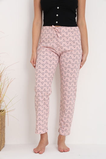 Serena Pink Peach Pajama Pants Women with Hearts, Relaxed Fit, Cotton & Polyester