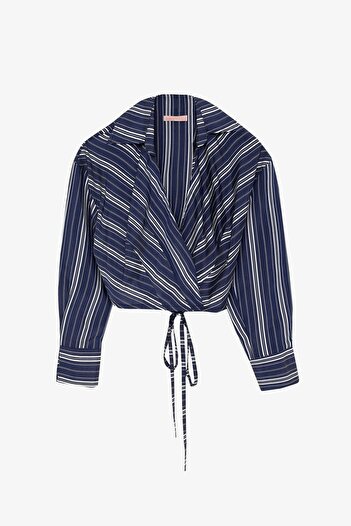 Quzu Women's Navy Blue Blouse Shirt with Tie Detail 26Kblz00785-Navy Blue