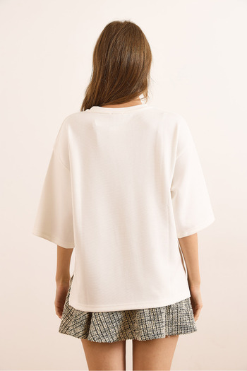 Olalook Women's White Modal Crew Neck Soft Textured Flowy T-Shirt Tsh-19000935