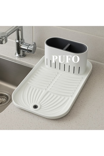 PUFO narrow kitchen drainer for drying dishes with cutlery holder, 40 x 20 cm, white