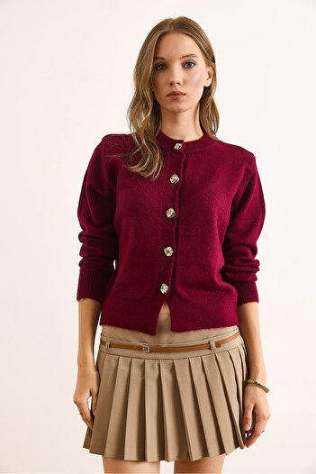 Olalook Women's Burgundy Crew Neck Soft Textured Basic Cardigan Hrk-19000389