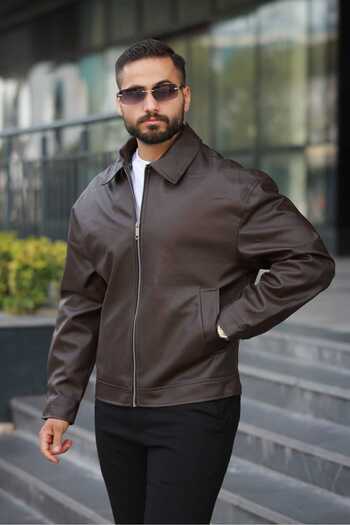 KOCCI Ανδρικό δερμάτινο μπουφάν New Season Oversize Casual Cut Classic Collar Trend