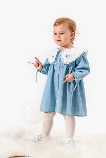 Le Mabelle Blue Floral Patterned Collared Baby Girl Dress - Addys