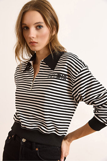 Olalook Women's Black Polo Neck Zippered Striped Unlined Crop Sweatshirt Swt-19000746