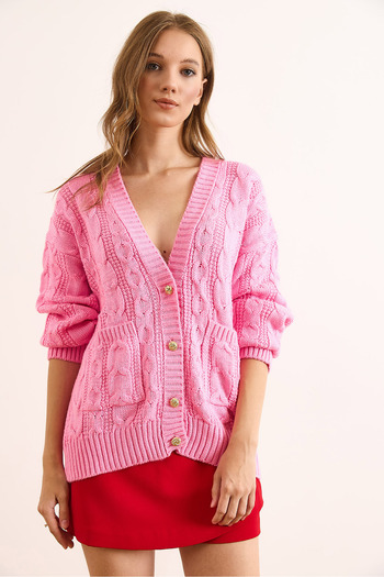 Olalook Women's Pink Gold Buttoned Pocketed Casual Knit Cardigan Hrk-19000392