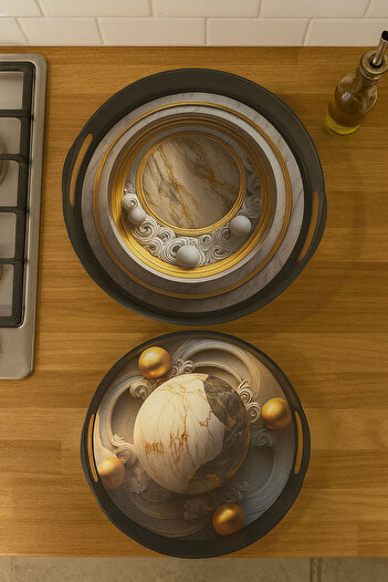 SİHİRLİ AYAKLAR Asorti Set of 2 Round Presentation Trays Stylish Decorative Serving Tray 28cm and 35cm