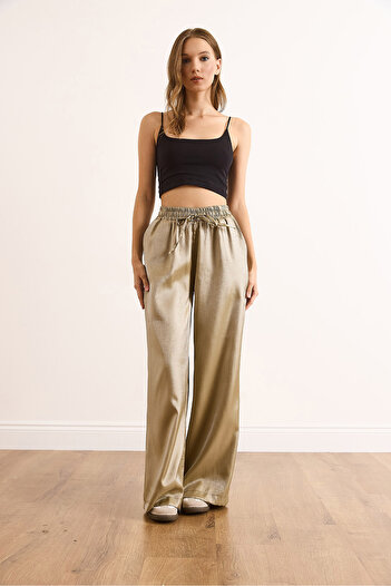 Olalook Women's Khaki Elastic Waist Pocketed Satin Trousers Pnt-19000364