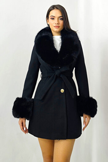 FashionForYou Beluci wool coat, with detachable fur collar and cuffs and drawstring at the waist, Black, 44