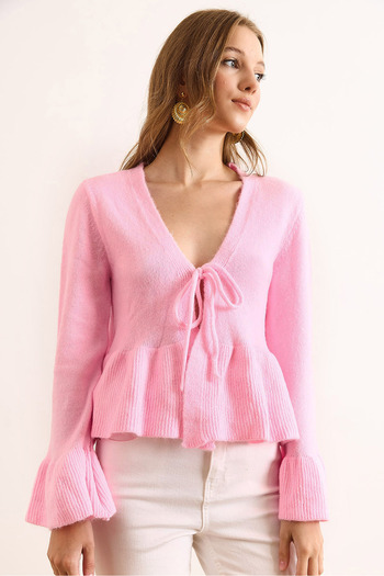 Olalook Women's Pink Front Lace-Up Soft Textured Spanish Sleeve Cardigan Hrk-19000395