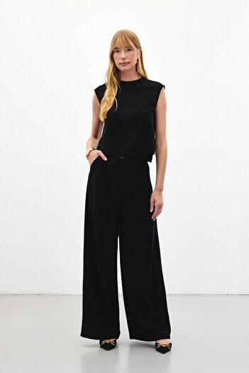 Sateen Wide Leg Trousers - Black