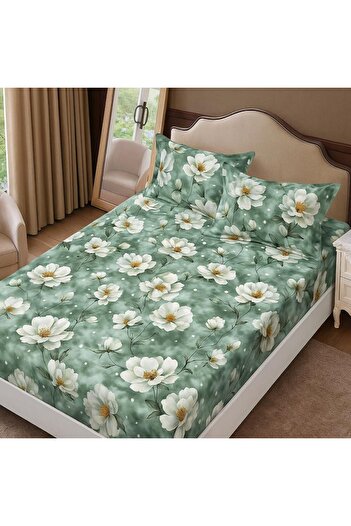 Pucioasa Finet duvet cover set + 2 pillowcases 160x200cm, Green with flowers