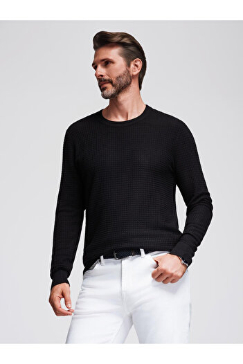 OMBRE Structured men's sweater with round neckline - black V3 OM-SWSW-0181 XXL