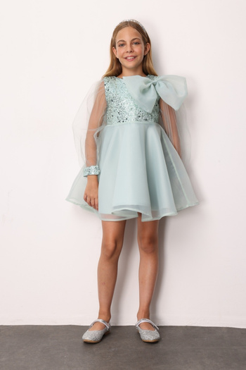 Le Mabelle Mint Bow Detailed Sequin Girls' Dress - Wendy