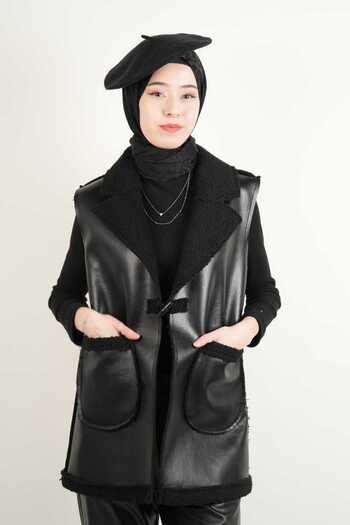moda paketi Double Pocket Leather Vest Black