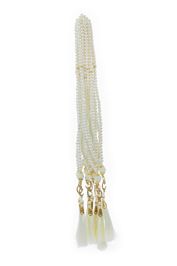 ihvan online 10 Pieces of 99-Beaded Pearl Prayer Beads, with Tassels, Vav Letter, Mevlüt Hajj Umrah Gift - White