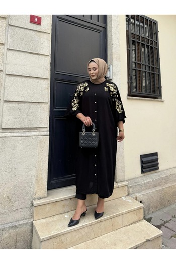 Güler Casual Düğmeli Nakışlı ve Pul Detaylı Siyah Renk Elbise