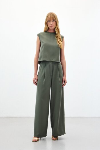 Sateen Wide Leg Trousers - Khaki